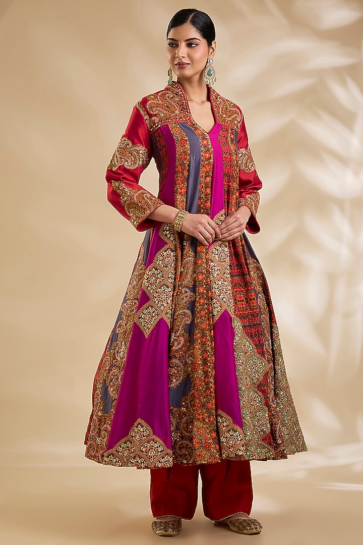Multi-Colored Silk Hand & Machine Embroidered Bridal Anarkali Set by Debyani at Pernia's Pop Up Shop