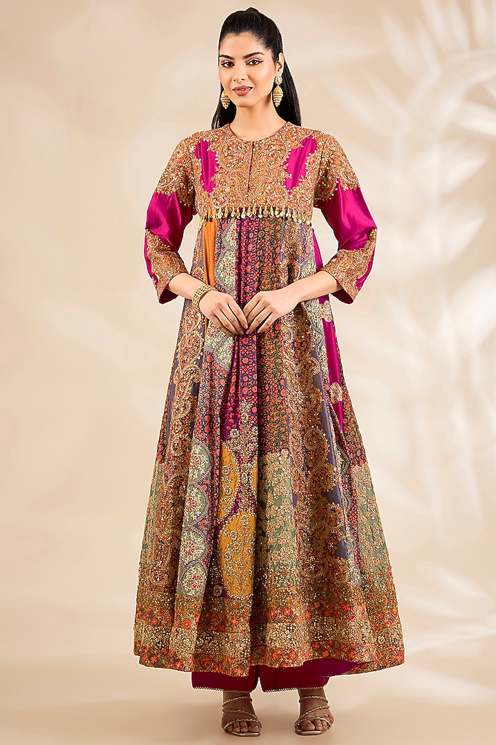 Magenta Silk Printed & Embroidered Bridal Anarkali Set by Debyani at Pernia's Pop Up Shop