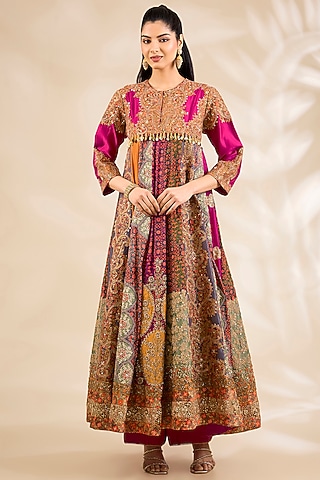 Magenta Silk Printed & Embroidered Anarkali Set by Debyani