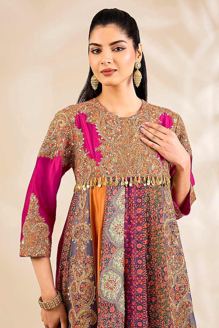Magenta Silk Printed & Embroidered Bridal Anarkali Set by Debyani at Pernia's Pop Up Shop