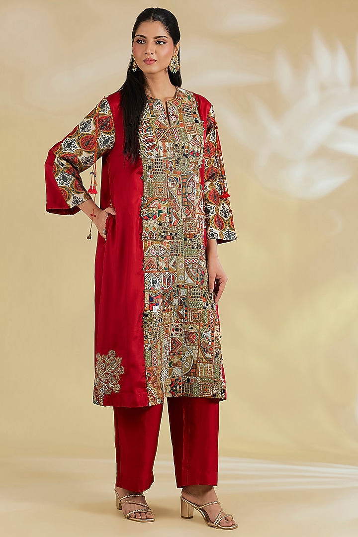 Maroon Silk Hand & Machine Embroidered Kurta Set by Debyani at Pernia's Pop Up Shop