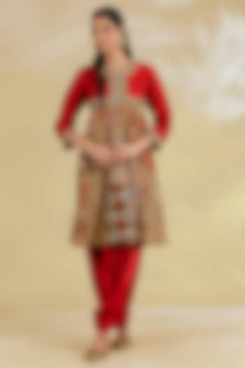 Maroon Silk Hand & Machine Embroidered Kalidar Kurta Set by Debyani at Pernia's Pop Up Shop