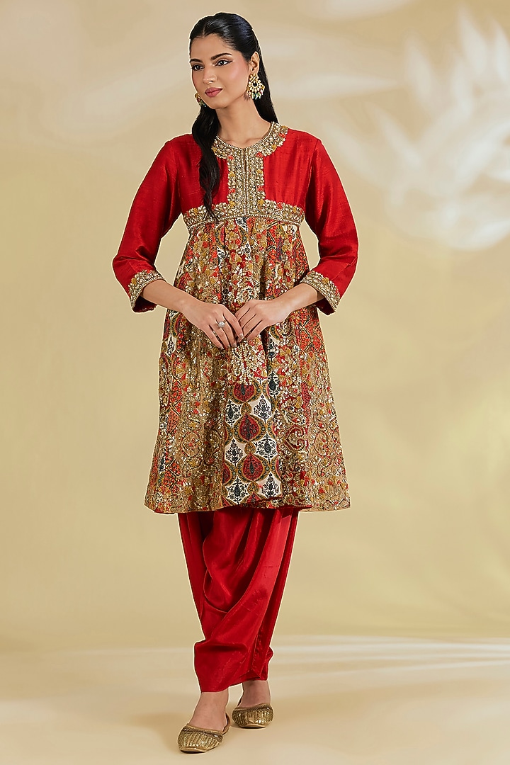 Maroon Silk Hand & Machine Embroidered Kalidar Kurta Set by Debyani at Pernia's Pop Up Shop