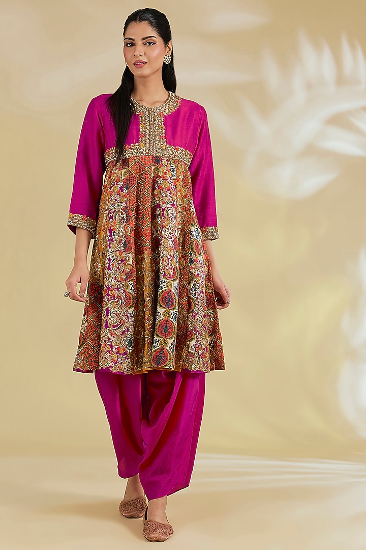 Pink Silk Hand & Machine Embroidered Kalidar Kurta Set by Debyani at Pernia's Pop Up Shop