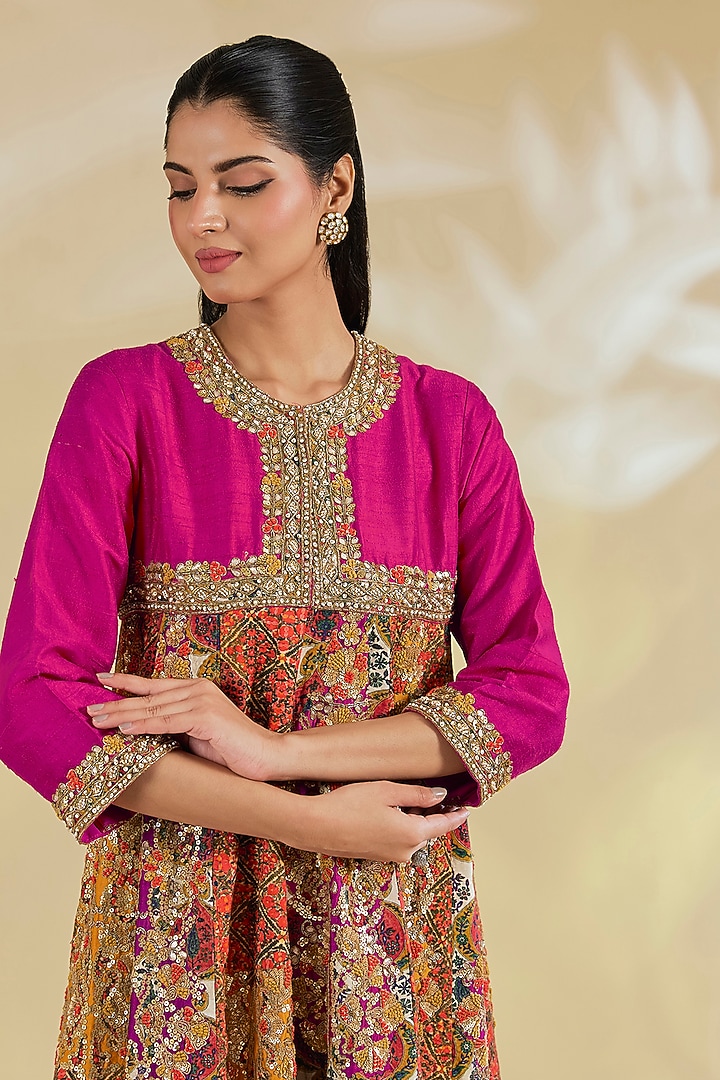 Pink Silk Hand & Machine Embroidered Kalidar Kurta Set by Debyani at Pernia's Pop Up Shop