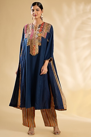 Navy Blue Silk Hand & Machine Embroidered Kurta Set by Debyani
