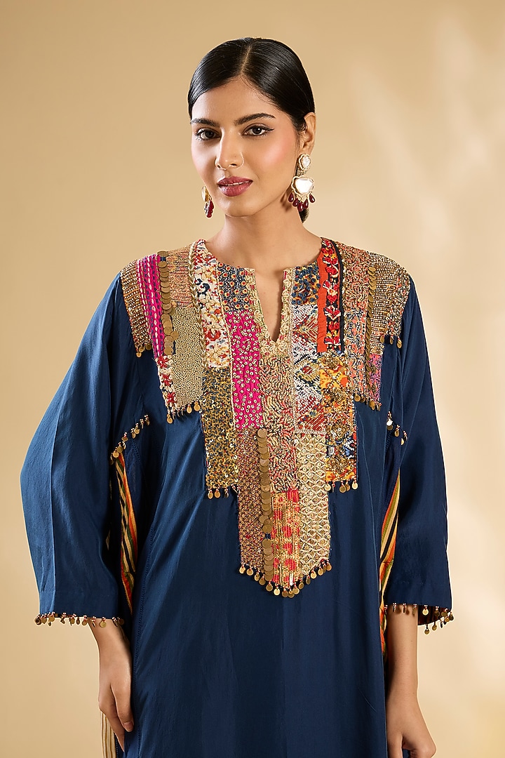 Navy Blue Silk Hand & Machine Embroidered Kurta Set by Debyani at Pernia's Pop Up Shop
