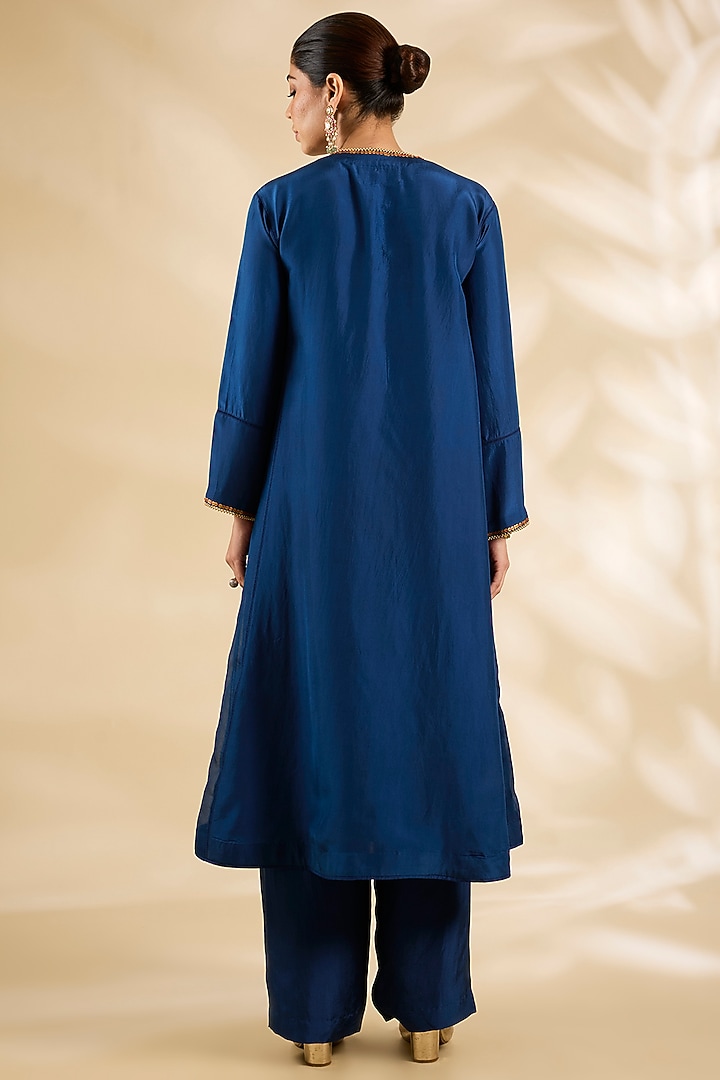 Navy Blue Silk Embroidered Jacket Kurta Set by Debyani at Pernia's Pop Up Shop