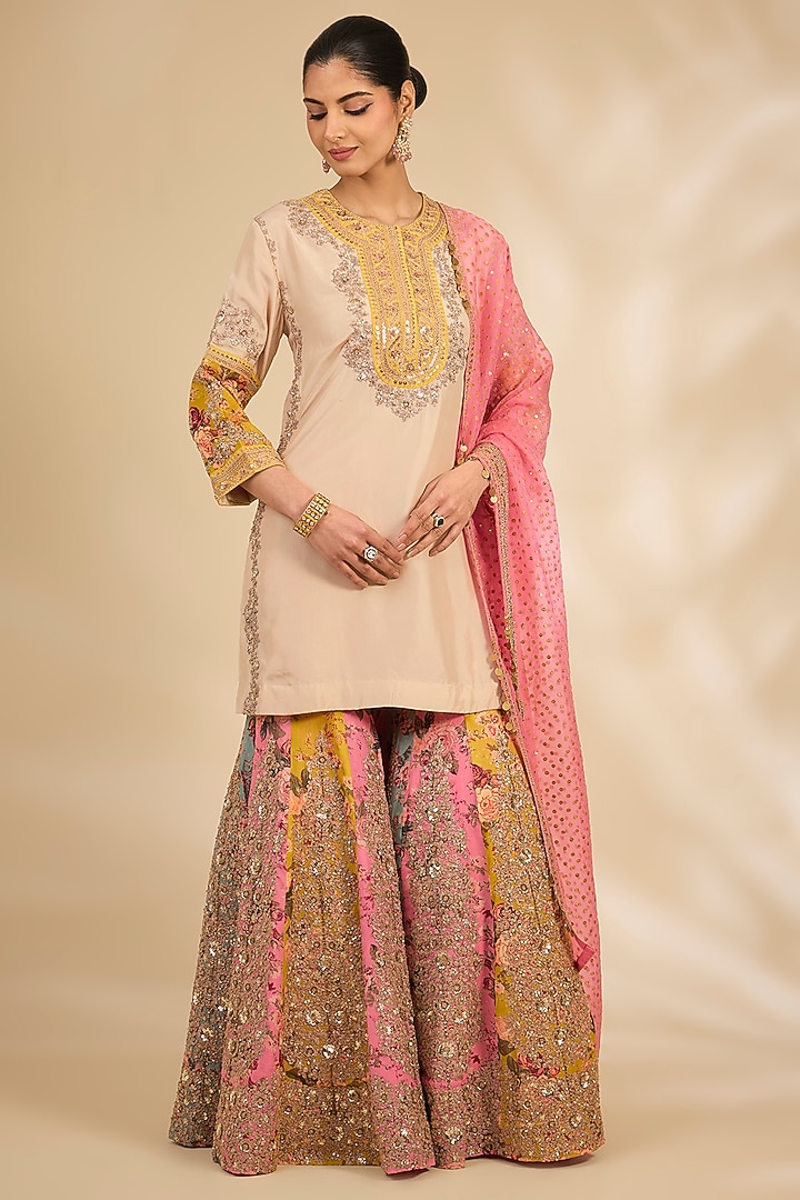 Multi-Colored Silk Hand Embroidered Bridal Sharara Set by Debyani at Pernia's Pop Up Shop