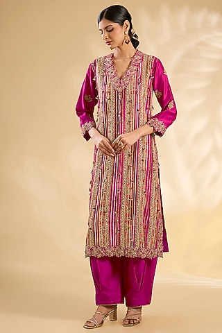 Rani Pink Silk Floral Printed & Hand Embroidered Kurta Set by Debyani