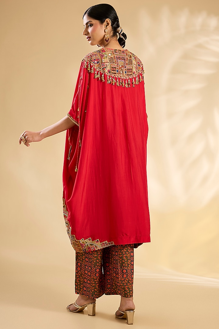 Red Silk Hand & Machine Embroidered Kurta Set by Debyani at Pernia's Pop Up Shop
