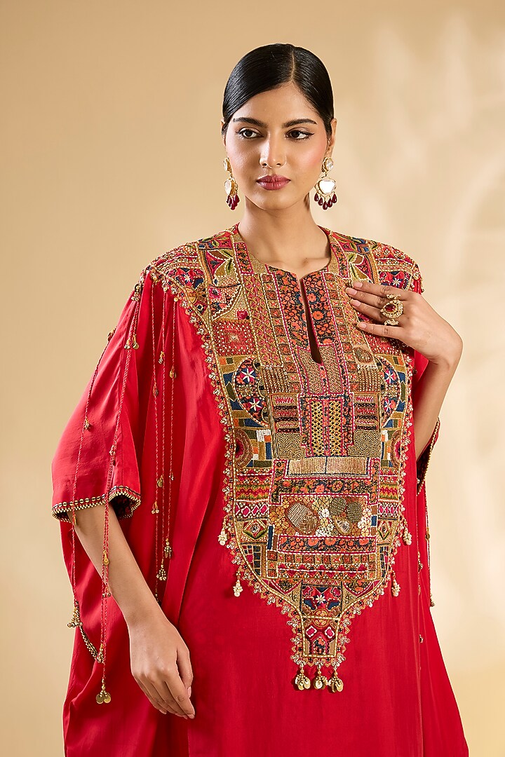 Red Silk Hand & Machine Embroidered Kurta Set by Debyani at Pernia's Pop Up Shop