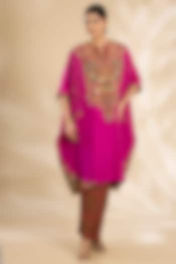 Magenta Silk Hand & Machine Embroidered Kaftan Set by Debyani at Pernia's Pop Up Shop