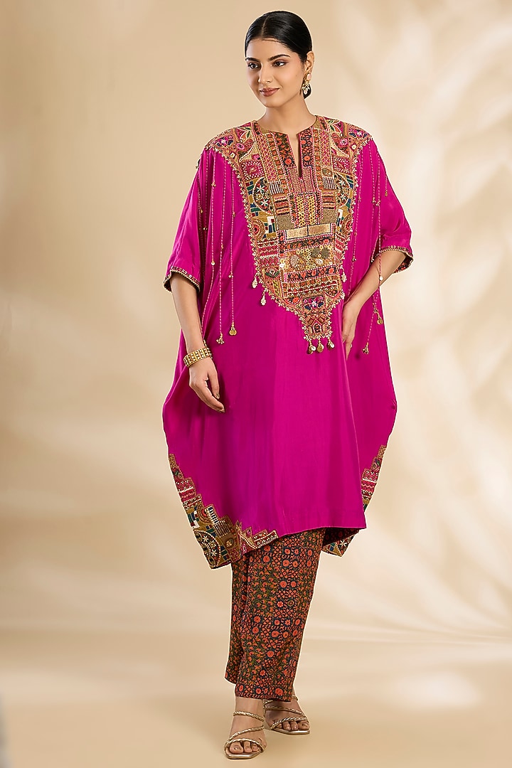 Magenta Silk Hand & Machine Embroidered Kaftan Set by Debyani at Pernia's Pop Up Shop