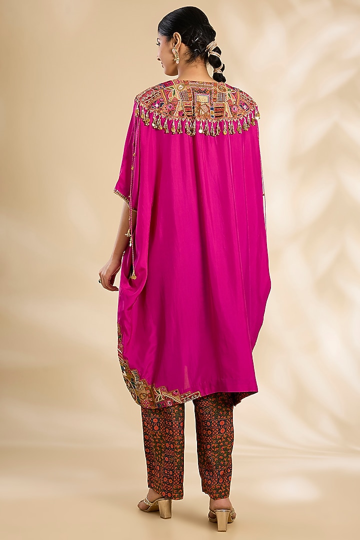 Magenta Silk Hand & Machine Embroidered Kaftan Set by Debyani at Pernia's Pop Up Shop