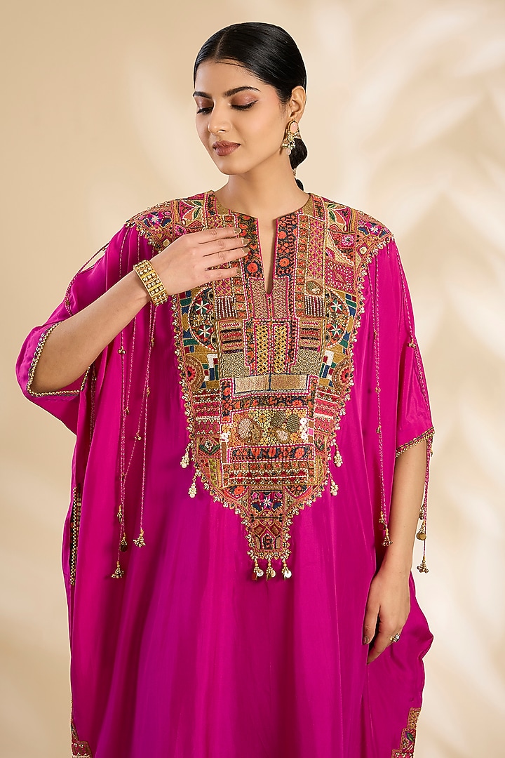 Magenta Silk Hand & Machine Embroidered Kaftan Set by Debyani at Pernia's Pop Up Shop