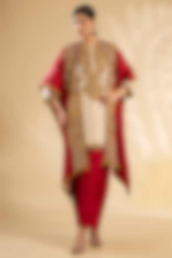 Red Silk Abstract Printed & Hand Embroidered Kurta Set  by Debyani at Pernia's Pop Up Shop