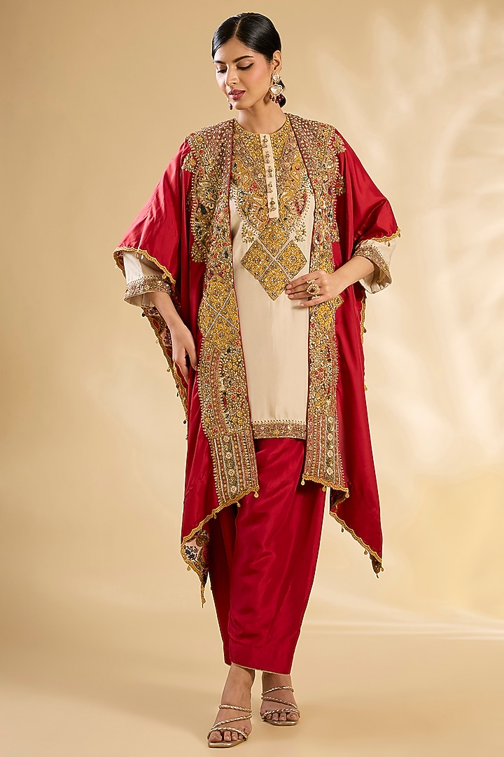 Red Silk Abstract Printed & Hand Embroidered Kurta Set  by Debyani at Pernia's Pop Up Shop