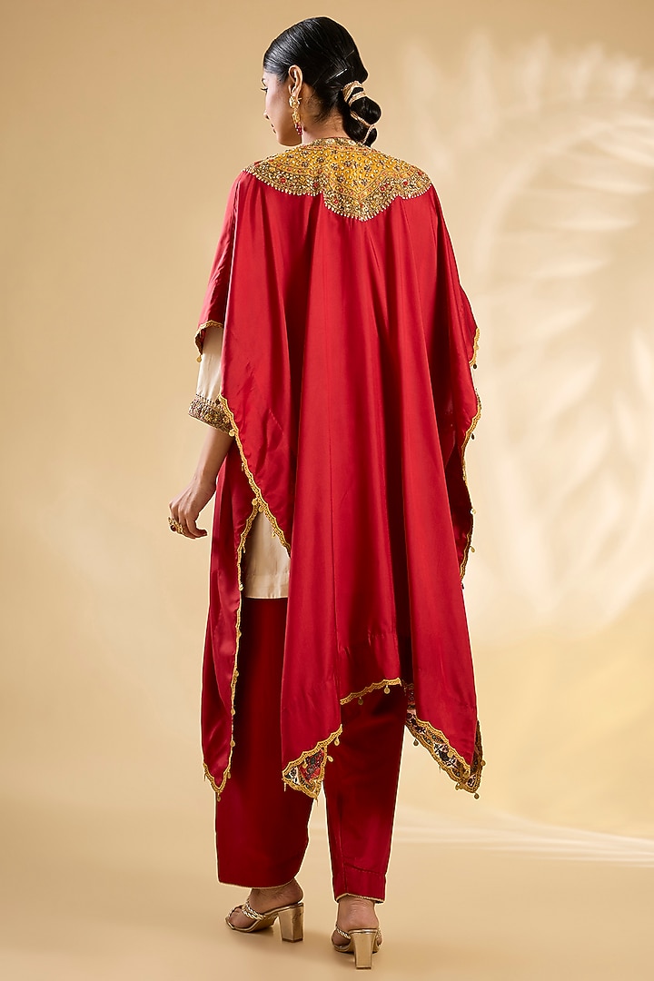 Red Silk Abstract Printed & Hand Embroidered Kurta Set by Debyani at Pernia's Pop Up Shop