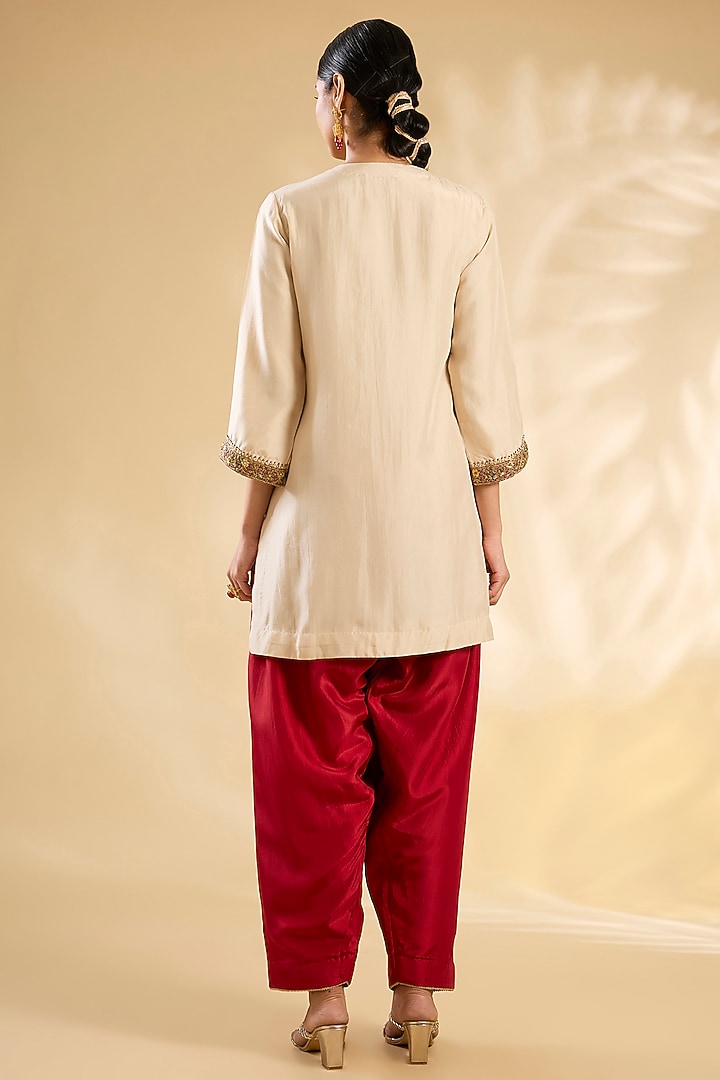 Red Silk Abstract Printed & Hand Embroidered Kurta Set by Debyani at Pernia's Pop Up Shop