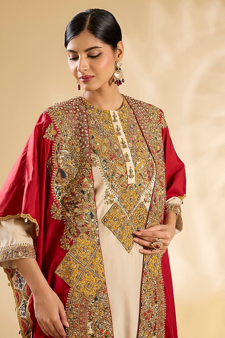Red Silk Abstract Printed & Hand Embroidered Kurta Set by Debyani at Pernia's Pop Up Shop
