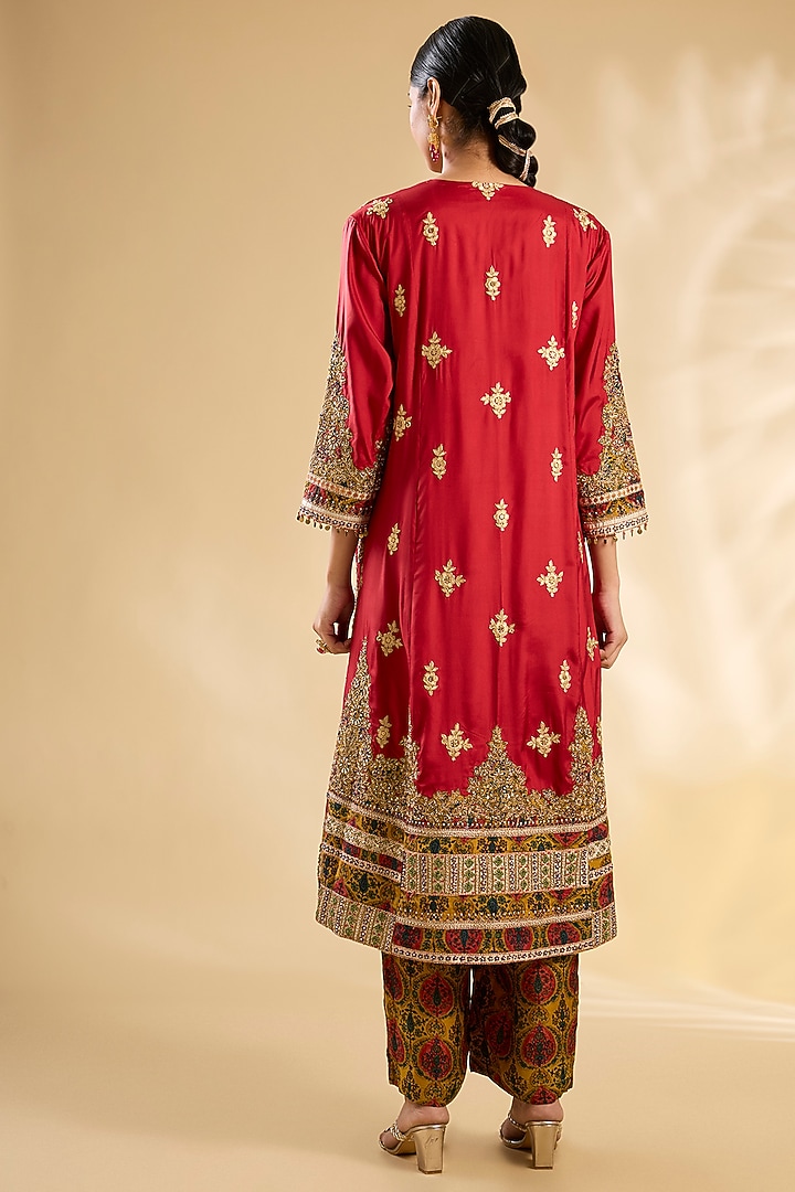 Red Silk Hand & Machine Embroidered Kurta Set by Debyani at Pernia's Pop Up Shop