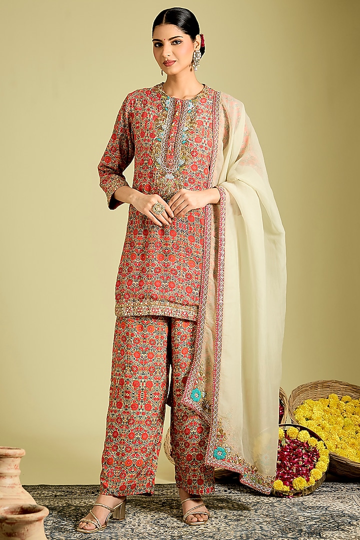 Multi-Colored Silk Hand & Machine Embroidered Kurta Set by Debyani at Pernia's Pop Up Shop