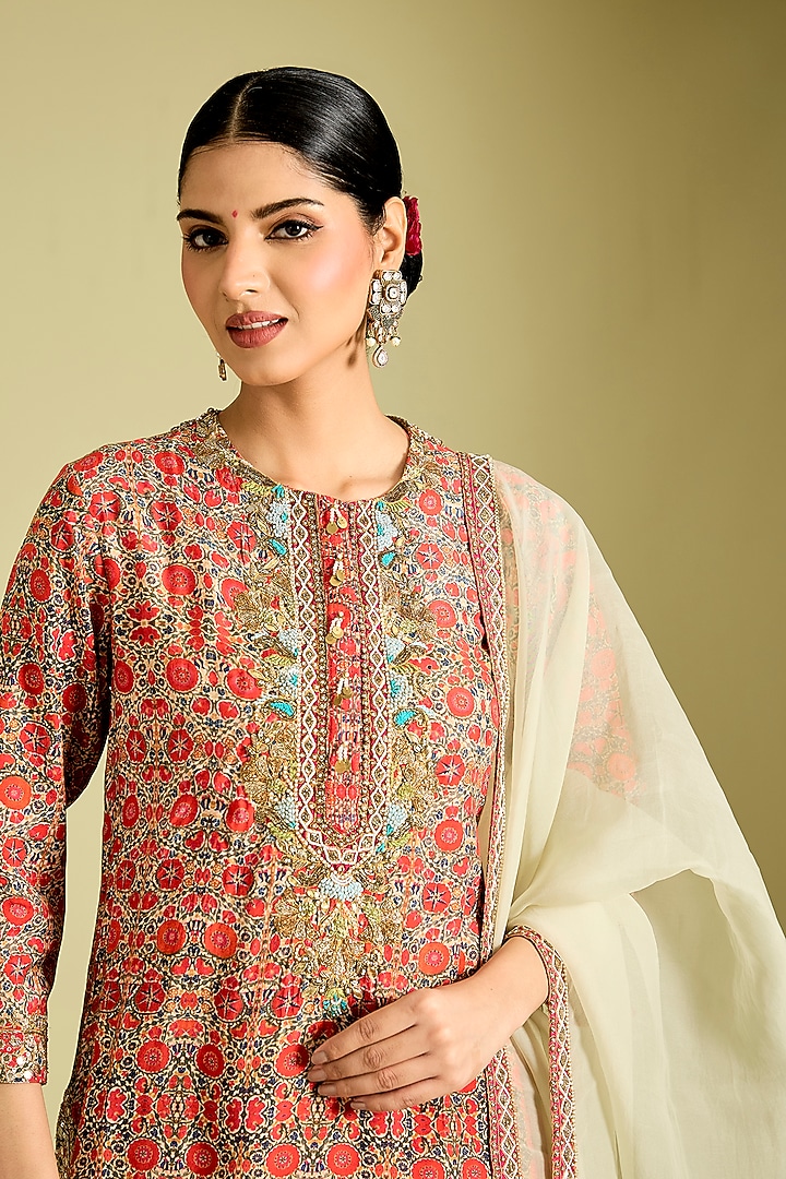 Multi-Colored Silk Hand & Machine Embroidered Kurta Set by Debyani at Pernia's Pop Up Shop