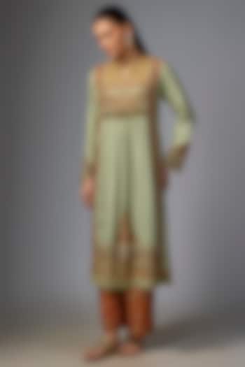 Pista Green Silk Hand & Machine Embroidered Kurta Set by Debyani at Pernia's Pop Up Shop