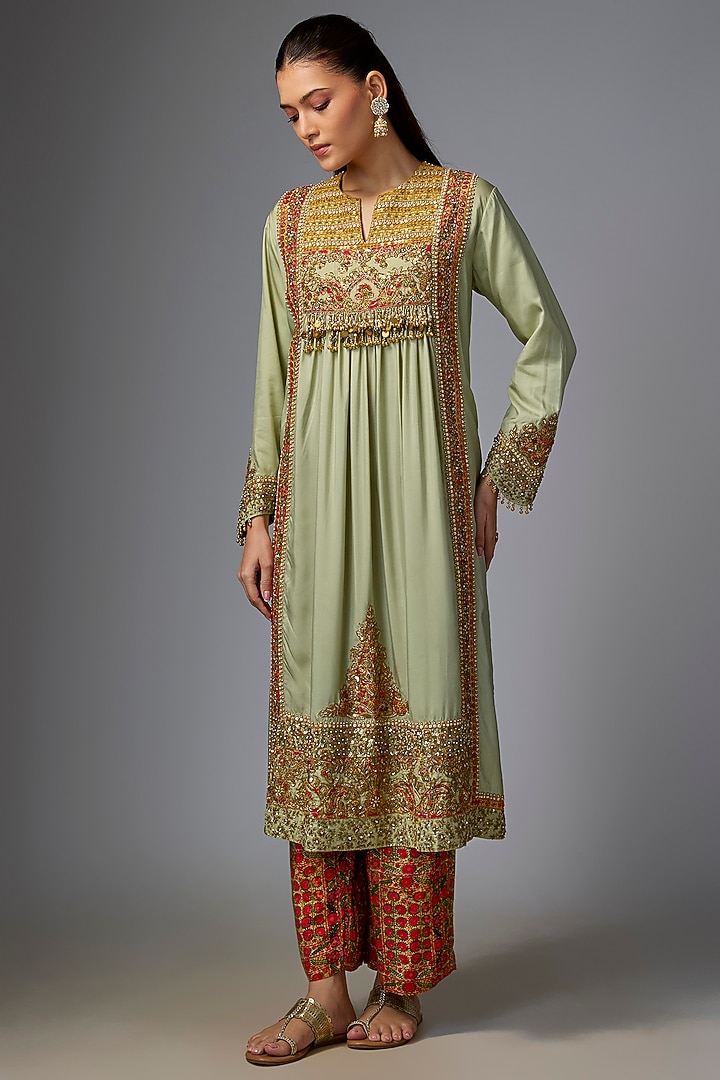 Pista Green Silk Hand & Machine Embroidered Kurta Set by Debyani at Pernia's Pop Up Shop