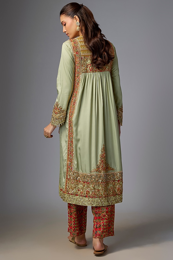 Pista Green Silk Hand & Machine Embroidered Kurta Set by Debyani at Pernia's Pop Up Shop