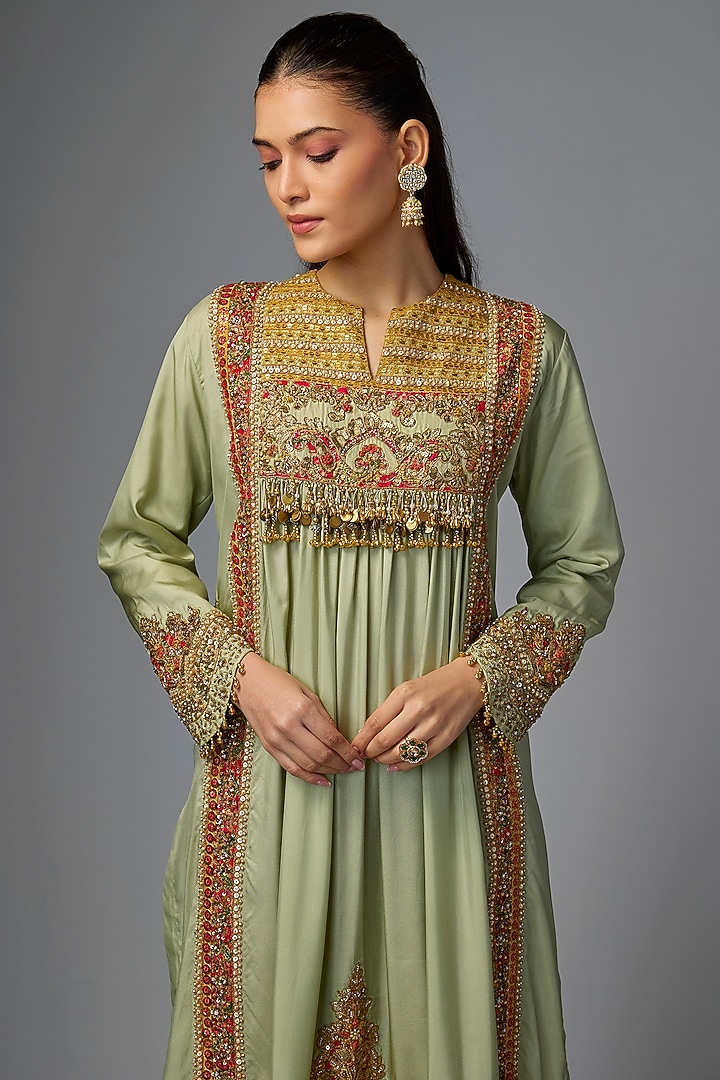 Pista Green Silk Hand & Machine Embroidered Kurta Set by Debyani at Pernia's Pop Up Shop