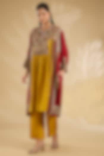 Mustard & Maroon Silk Embroidered Kaftan Set by Debyani at Pernia's Pop Up Shop