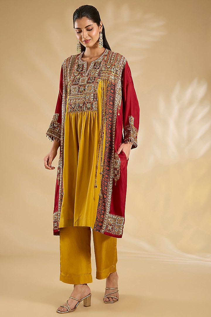 Mustard & Maroon Silk Embroidered Kaftan Set by Debyani at Pernia's Pop Up Shop