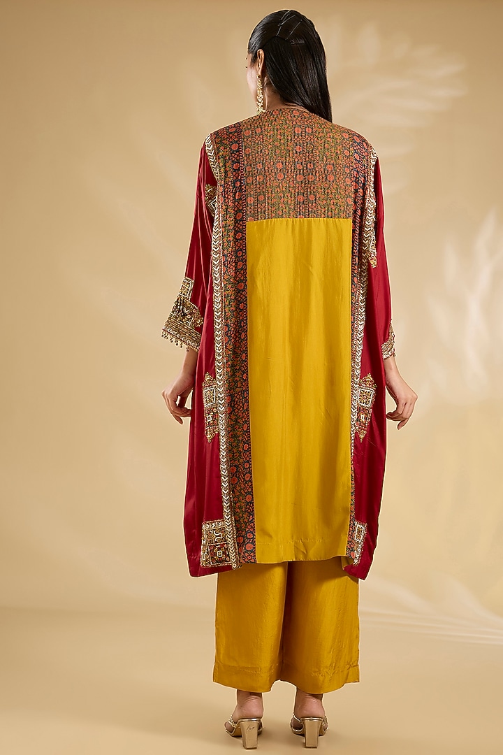 Mustard & Maroon Silk Embroidered Kaftan Set by Debyani at Pernia's Pop Up Shop