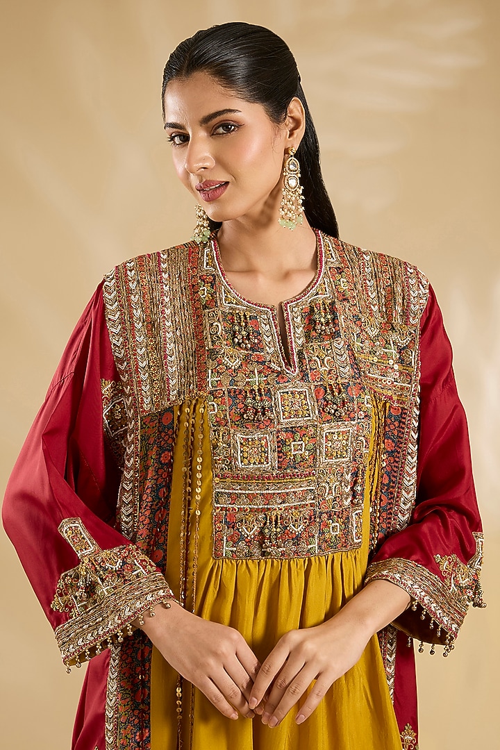 Mustard & Maroon Silk Embroidered Kaftan Set by Debyani at Pernia's Pop Up Shop