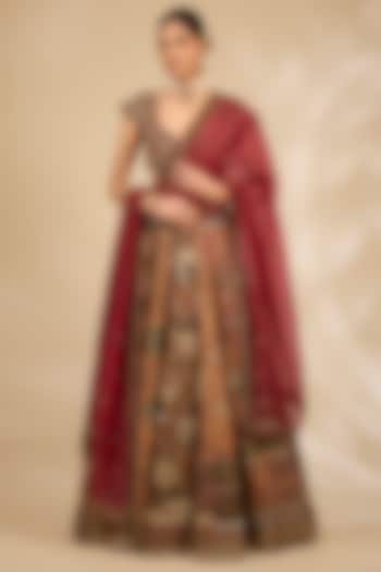 Multi-Colored Silk Hand & Machine Embroidered Bridal Lehenga Set by Debyani at Pernia's Pop Up Shop