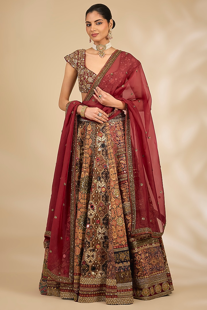 Multi-Colored Silk Hand & Machine Embroidered Bridal Lehenga Set by Debyani at Pernia's Pop Up Shop