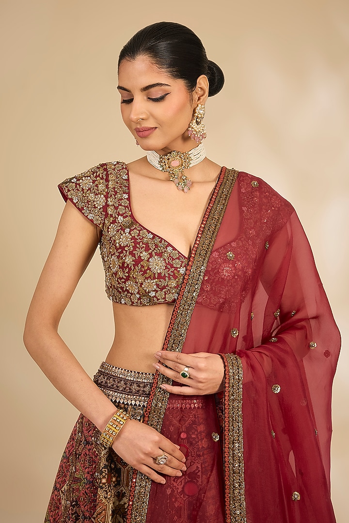 Multi-Colored Silk Hand & Machine Embroidered Bridal Lehenga Set by Debyani at Pernia's Pop Up Shop