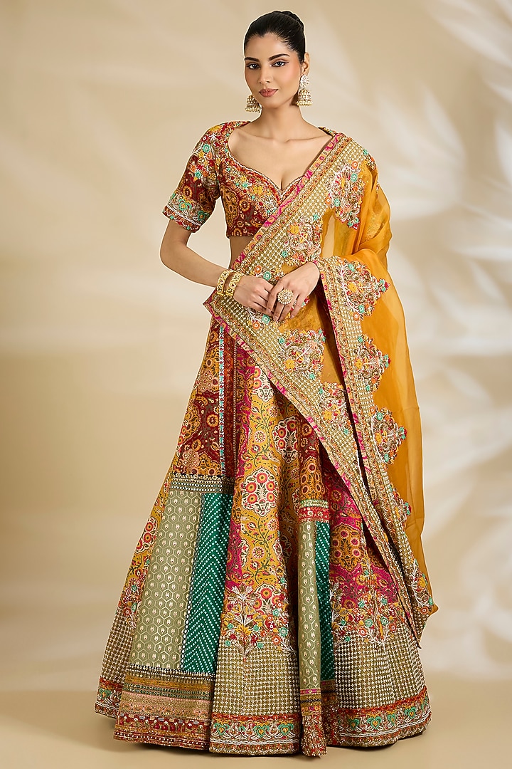 Multi-Colored Chanderi & Organza Embroidered Bridal Lehenga Set by Debyani at Pernia's Pop Up Shop