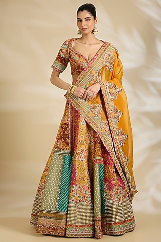 Multi-Colored Chanderi & Organza Embroidered Lehenga Set by Debyani