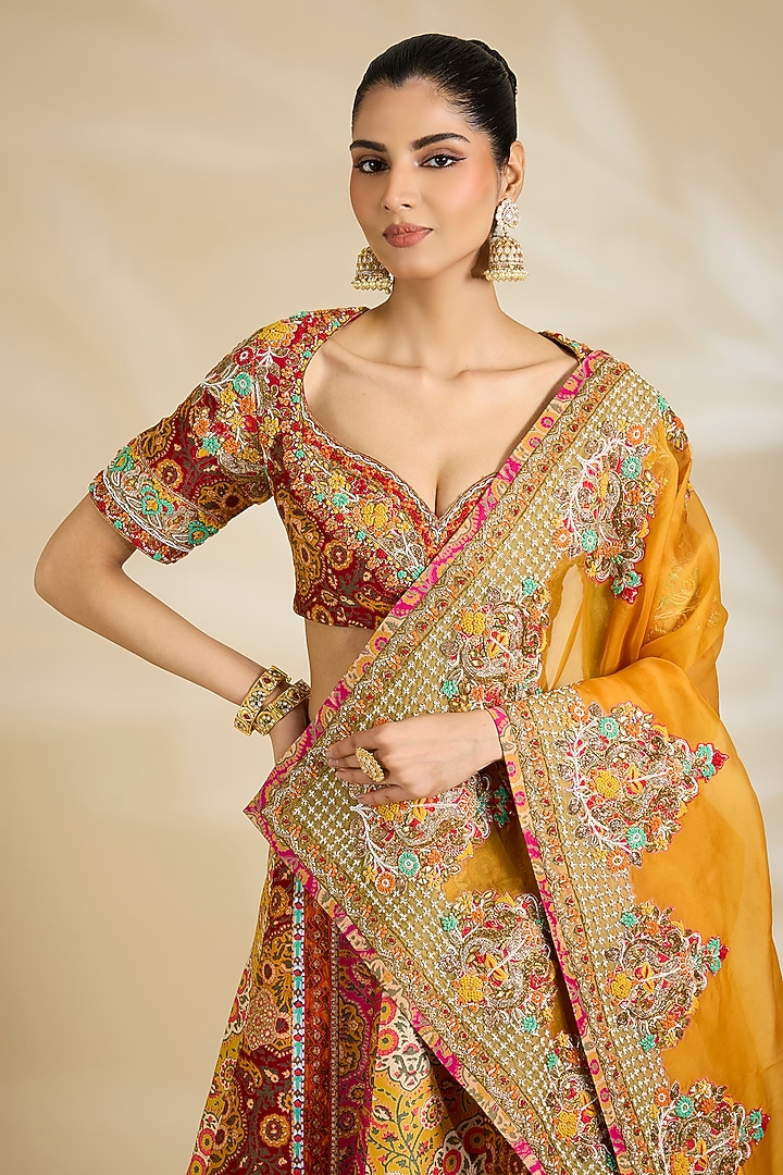 Multi-Colored Chanderi & Organza Embroidered Bridal Lehenga Set by Debyani at Pernia's Pop Up Shop