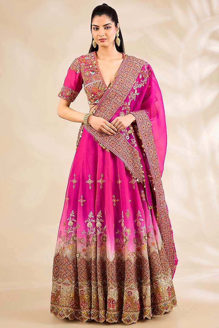 Rani Pink Organza Embroidered & Printed Bridal Lehenga Set by Debyani at Pernia's Pop Up Shop