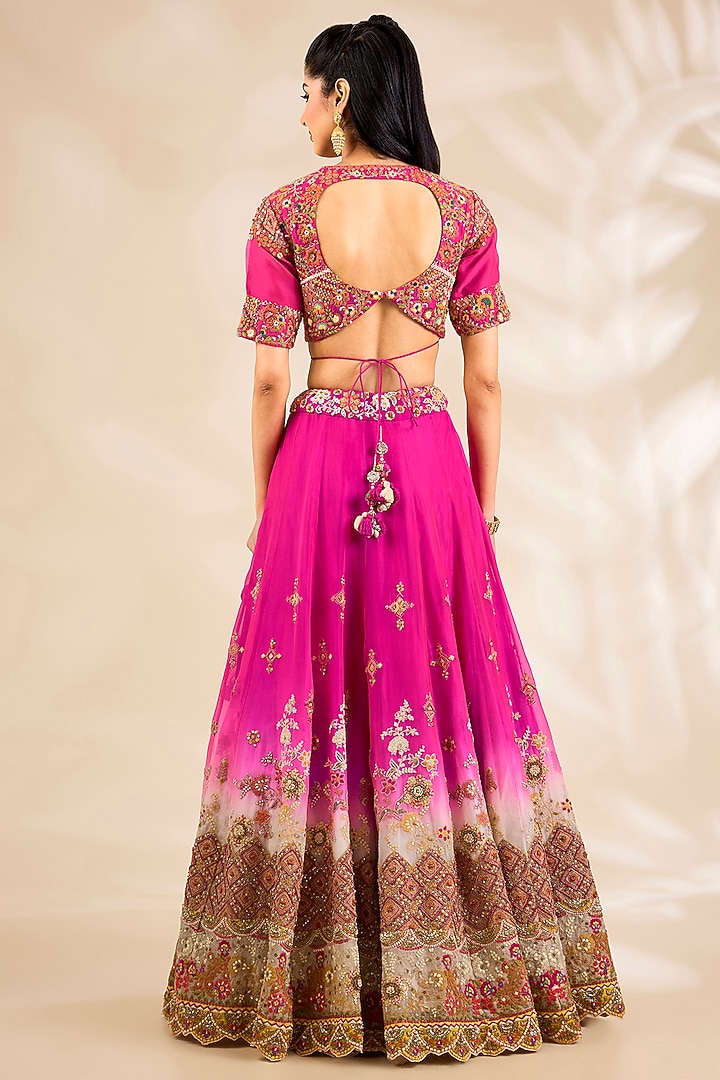 Rani Pink Organza Embroidered & Printed Bridal Lehenga Set by Debyani at Pernia's Pop Up Shop