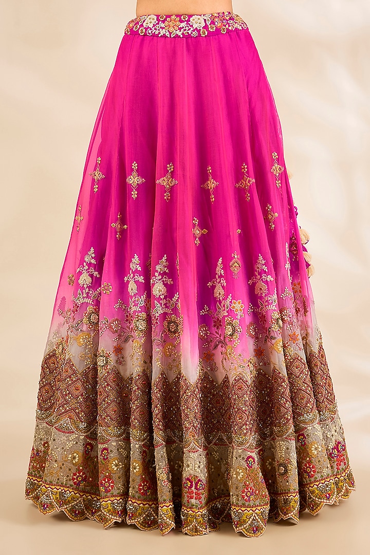 Rani Pink Organza Embroidered & Printed Bridal Lehenga Set by Debyani at Pernia's Pop Up Shop