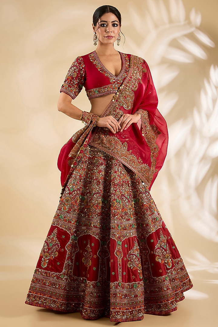 Red Silk Hand & Machine Embroidered Bridal Lehenga Set by Debyani at Pernia's Pop Up Shop