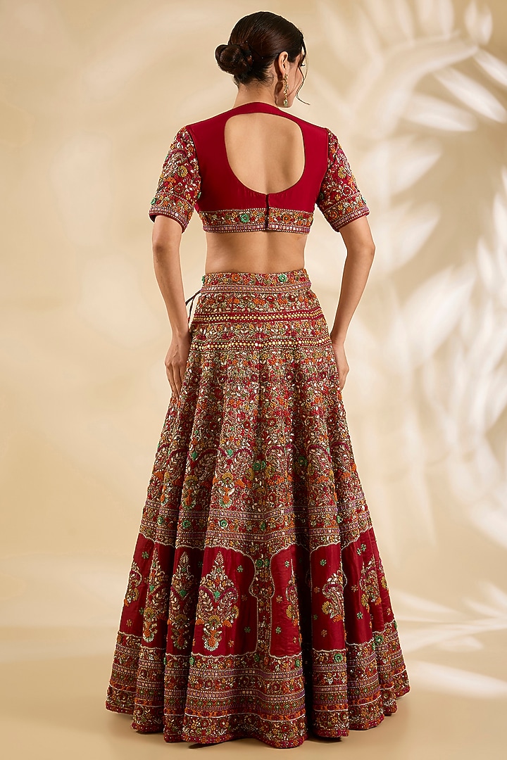 Red Silk Hand & Machine Embroidered Bridal Lehenga Set by Debyani at Pernia's Pop Up Shop