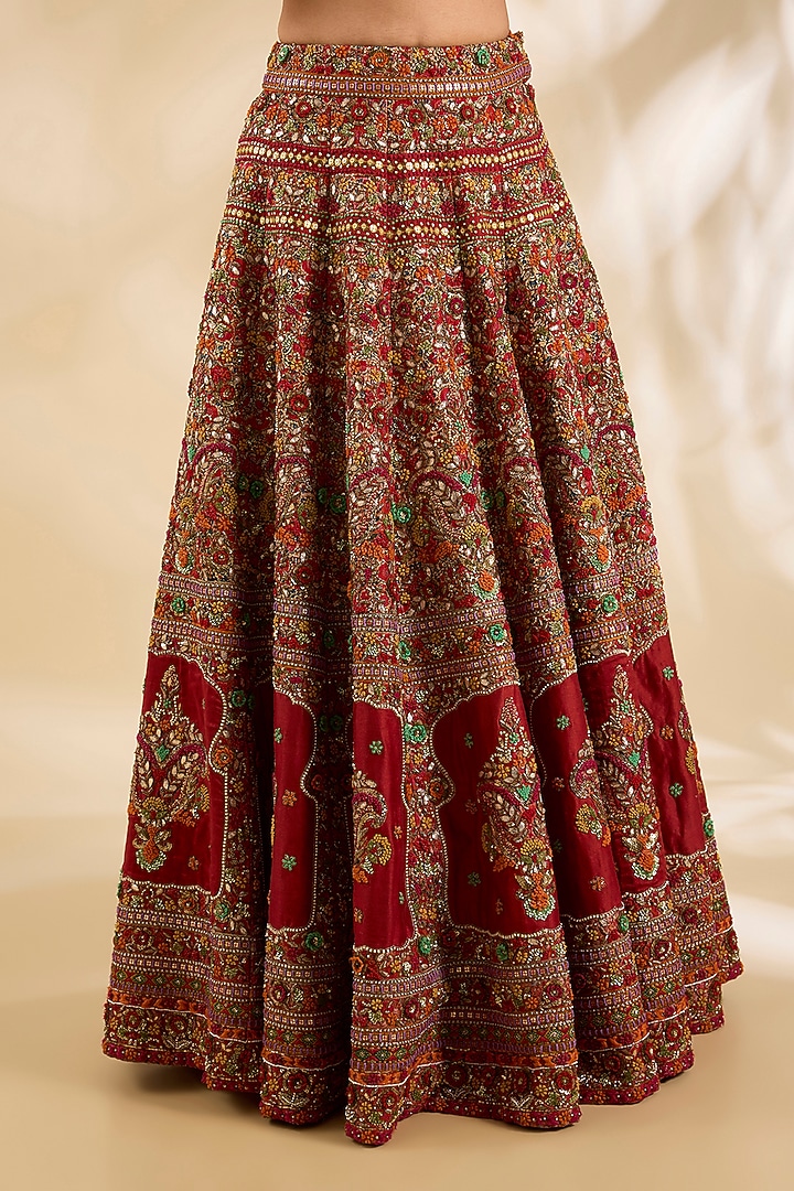 Red Silk Hand & Machine Embroidered Bridal Lehenga Set by Debyani at Pernia's Pop Up Shop