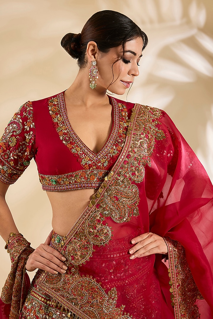 Red Silk Hand & Machine Embroidered Bridal Lehenga Set by Debyani at Pernia's Pop Up Shop