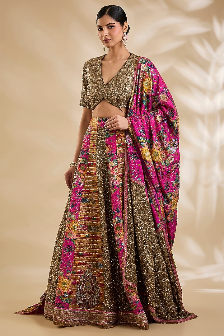 Rani Pink Georgette Hand & Machine Embroidered Bridal Lehenga Set by Debyani at Pernia's Pop Up Shop